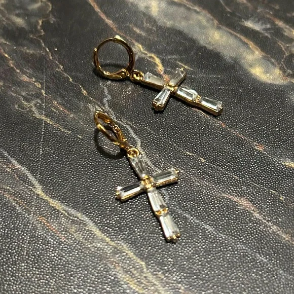 Gold Tone & Crystal Cross Earrings - Picture 2 of 5
